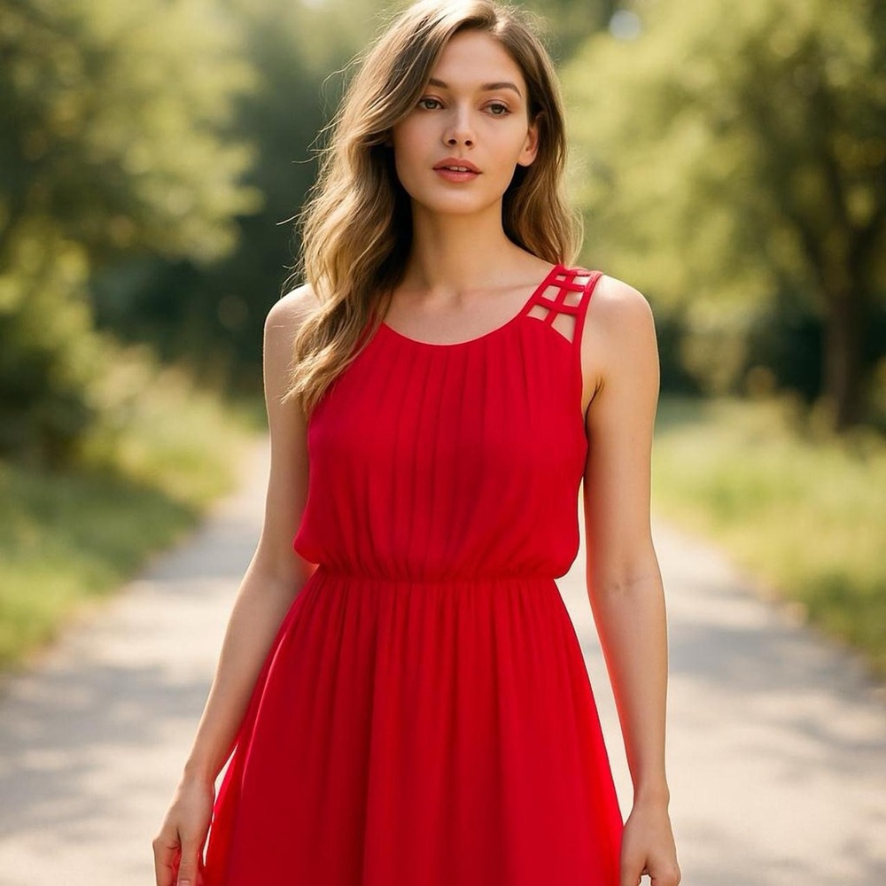 Jessica Simpson Red-Pink Pleated Lattice Shoulder Dress - Size 12